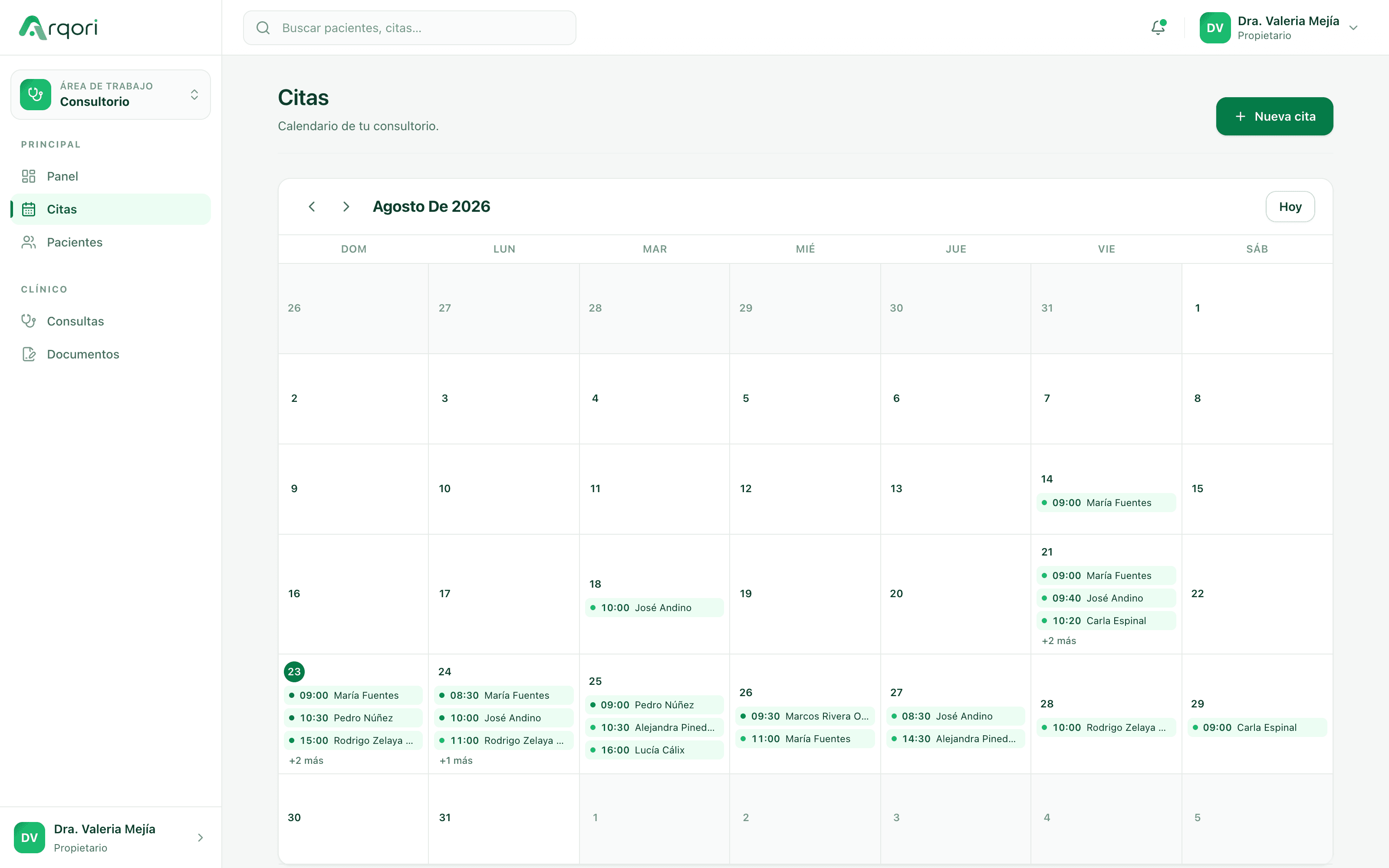Calendario mensual de citas de Arqori con el día actual resaltado y cada cita como chip con hora y paciente