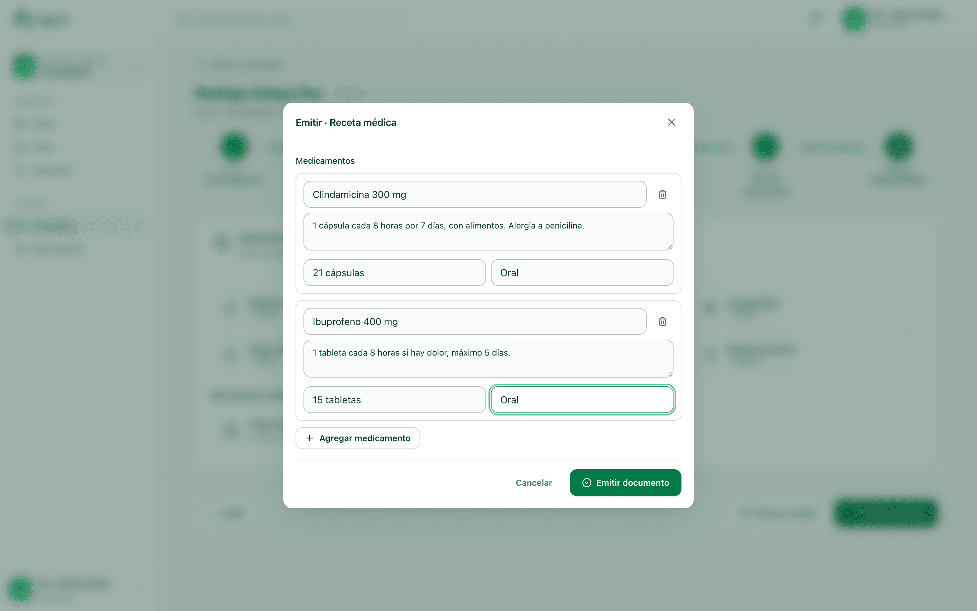 Editor de recetas de Arqori sobre la consulta: medicamentos con indicaciones completas, cantidad y vía de administración